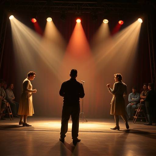 Actores representando una obra teatral en un escenario iluminado