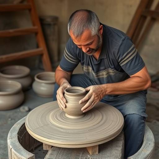 Artesana modelando arcilla en un torno de cer&aacute;mica en Manises