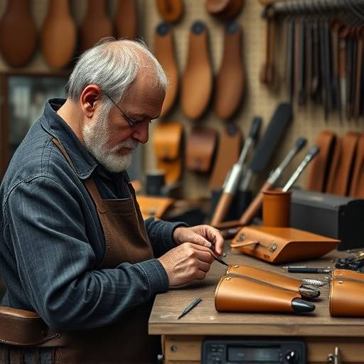 Artesano trabajando cuero en un taller de marroquiner&iacute;a en Ubrique
