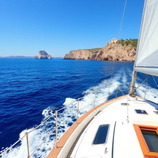 Barco navegando frente a la costa de las Islas Baleares.