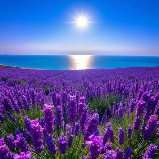 Campos de lavanda en flor en plena temporada, creando un mar p&uuml;rpura bajo el sol.