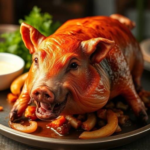 Cochinillo asado entero, con piel dorada y crujiente y carne jugosa
