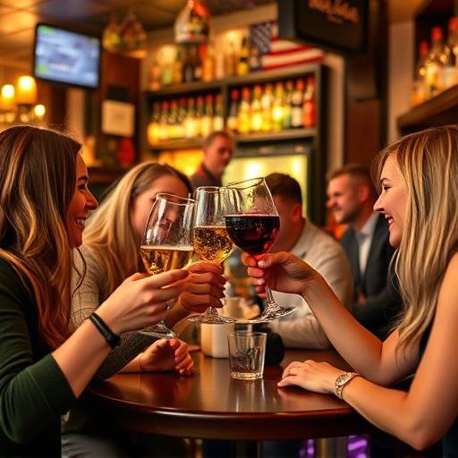 Gente brindando con copas de vino y cerveza en un bar de tapas animado