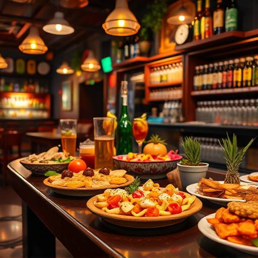 Mesa repleta de tapas variadas y coloridas en un animado bar de tapas espa&ntilde;ol.