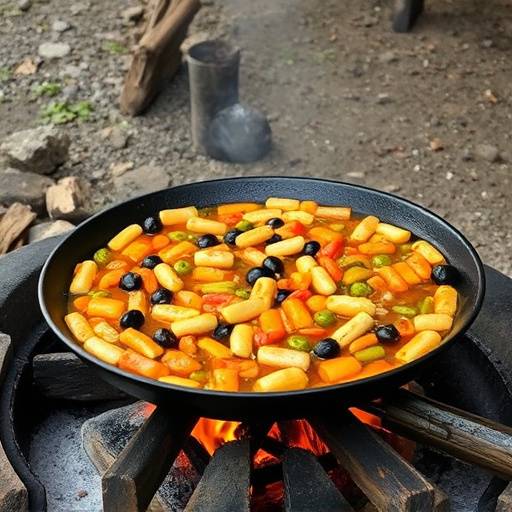 Paella valenciana tradicional cocin&radic;&deg;ndose en le&radic;&plusmn;a al aire libre, con ingredientes frescos visibles