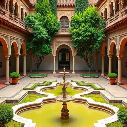 Patio interior de la Alhambra con fuentes y vegetaci&oacute;n.