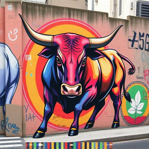 Pintura mural vibrante de un toro en una pared urbana, representando la iconograf&iacute;a espa&ntilde;ola.