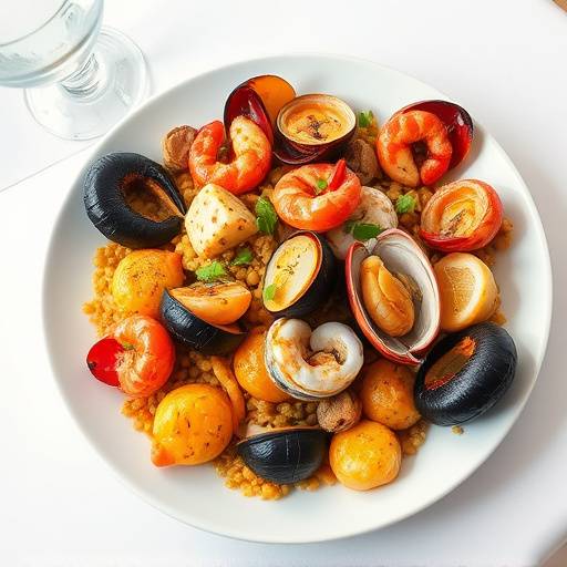 Plato de paella valenciana tradicional con mariscos frescos y arroz cocido a la perfecci&oacute;n.