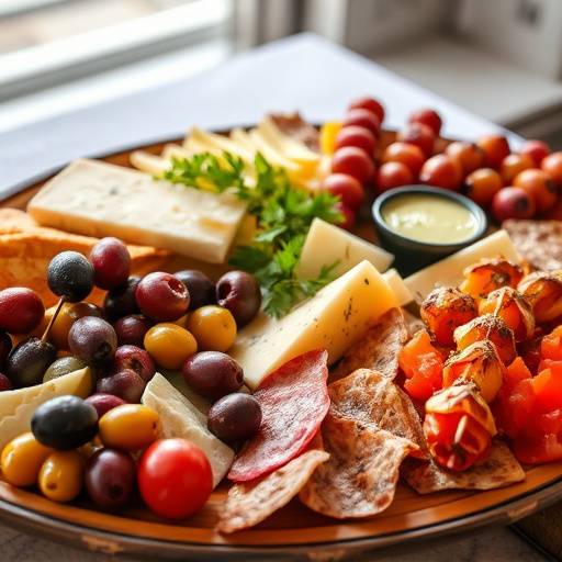 Plato variado de tapas con diferentes ingredientes: aceitunas, quesos, embutidos y pinchos