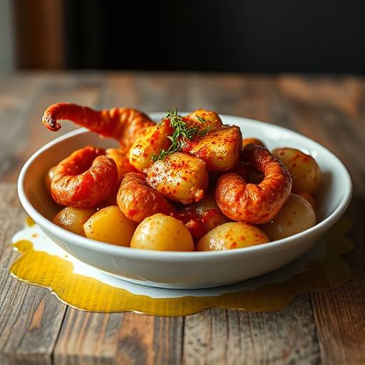 Pulpo a la gallega servido sobre una base de patatas cocidas, rociado con piment&radic;&ge;n y aceite de oliva
