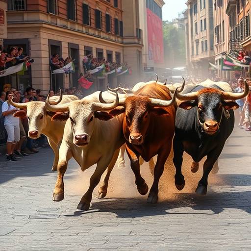 Toros y corredores en plena calle durante los Sanfermines en Pamplona, Espa&ntilde;a