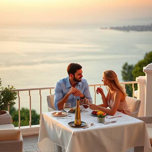 Una pareja disfrutando de una cena al aire libre en una terraza con vistas al mar Mediterr&aacute;neo
