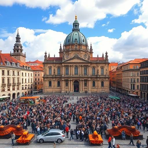 Vista de la Catedral de Santiago de Compostela y su plaza principal, llena de peregrinos.